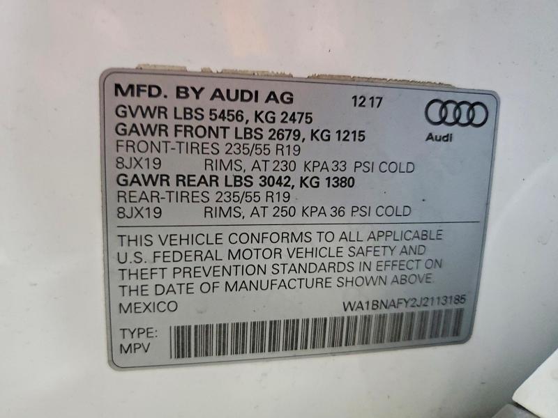2018 Audi Q5 მანქანა იყიდება აუქციონზე, vin: WA1BNAFY2J2113185, აუქციონის ნომერი: 58106886