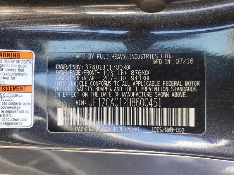 57677206 :رقم المزاد ، JF1ZCAC12H8600451 vin ، 2017 Subaru Brz مزاد بيع