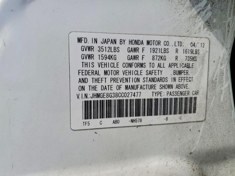 Aukcja sprzedaży 2012 Honda Fit, vin: JHMGE8G38CC027477, numer aukcji: 56171886