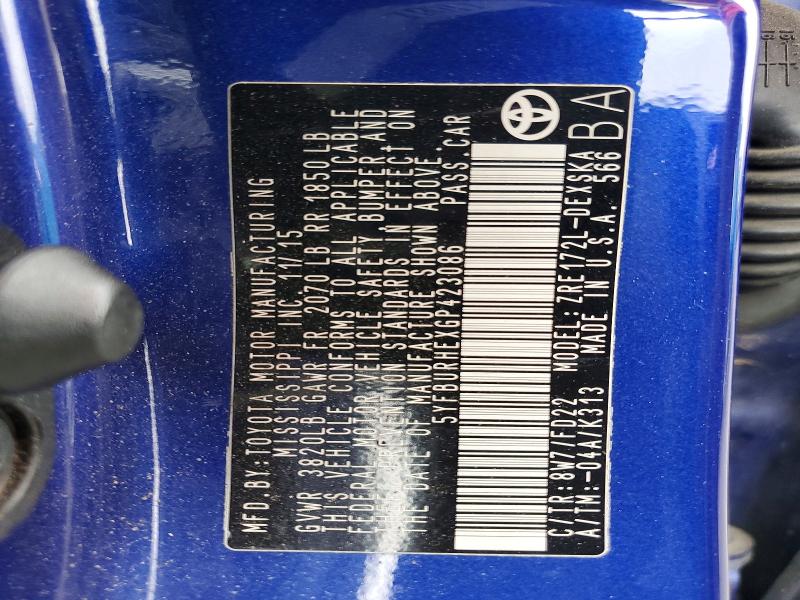 Aukcja sprzedaży 2016 Toyota Corolla, vin: 5YFBURHEXGP423086, numer aukcji: 57936926