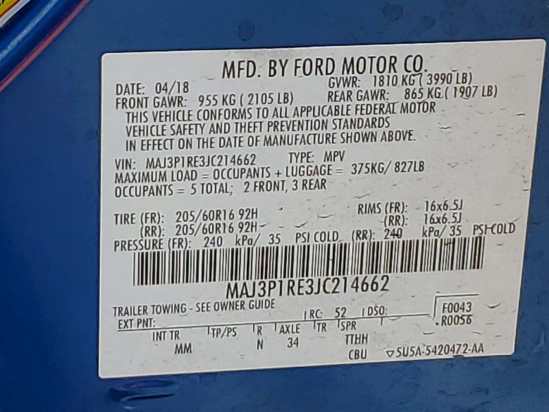55642086 :رقم المزاد ، MAJ3P1RE3JC214662 vin ، 2018 Ford Ecosport مزاد بيع