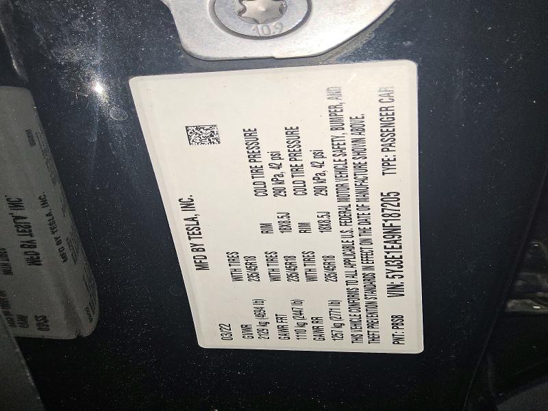 2022 Tesla Model 3 მანქანა იყიდება აუქციონზე, vin: 5YJ3E1EA9NF187205, აუქციონის ნომერი: 57041496