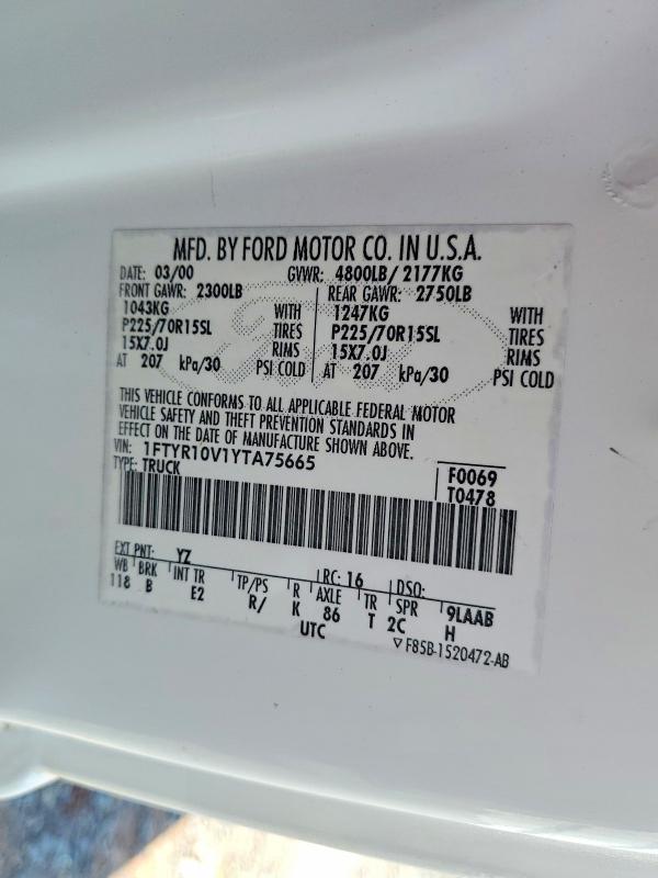 Aukcja sprzedaży 2000 Ford Ranger, vin: 1FTYR10V1YTA75665, numer aukcji: 56513366