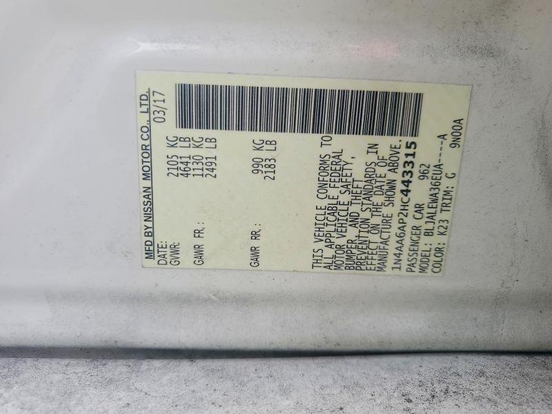 55276956 :رقم المزاد ، 1N4AA6AP2HC443315 vin ، 2017 Nissan Maxima مزاد بيع