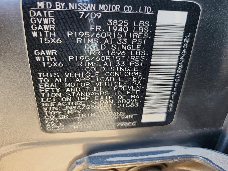 Aukcja sprzedaży 2009 Nissan Cube, vin: JN8AZ28R59T121583, numer aukcji: 49238776