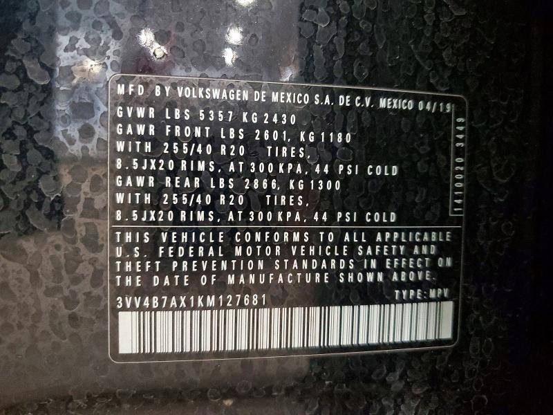 2019 Volkswagen Tiguan მანქანა იყიდება აუქციონზე, vin: 3VV4B7AX1KM127681, აუქციონის ნომერი: 57518556
