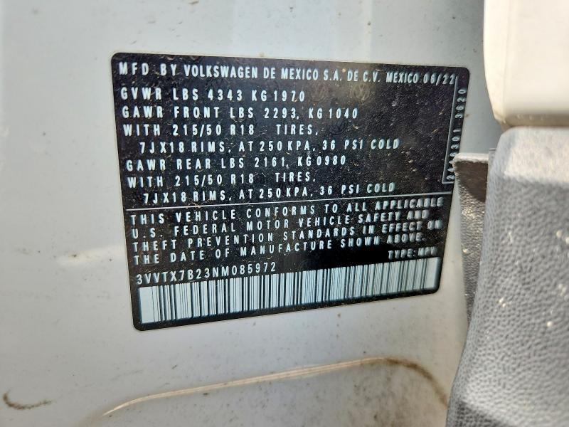 Aukcja sprzedaży 2022 Volkswagen Taos, vin: 3VVTX7B23NM085972, numer aukcji: 58912386