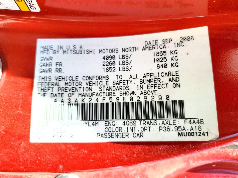 Продаж на аукціоні авто 2009 Mitsubishi Eclipse, vin: 4A3AK24F59E029290, номер лоту: 55990256