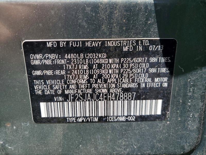 2014 Subaru Forester მანქანა იყიდება აუქციონზე, vin: JF2SJAJC4EH478887, აუქციონის ნომერი: 57198916