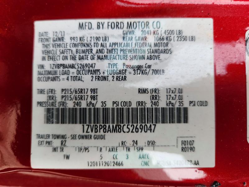 Auction sale of the 2012 Ford Mustang, vin: 1ZVBP8AM8C5269047, lot number: 56271046