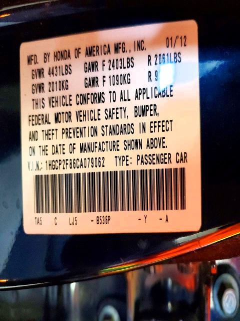 Продажа на аукционе авто 2012 Honda Accord, vin: 1HGCP2F86CA079062, номер лота: 57585916