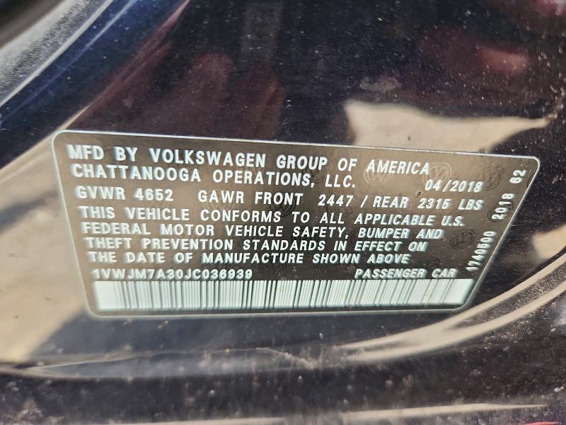 2018 Volkswagen Passat მანქანა იყიდება აუქციონზე, vin: 1VWJM7A30JC036939, აუქციონის ნომერი: 85972565