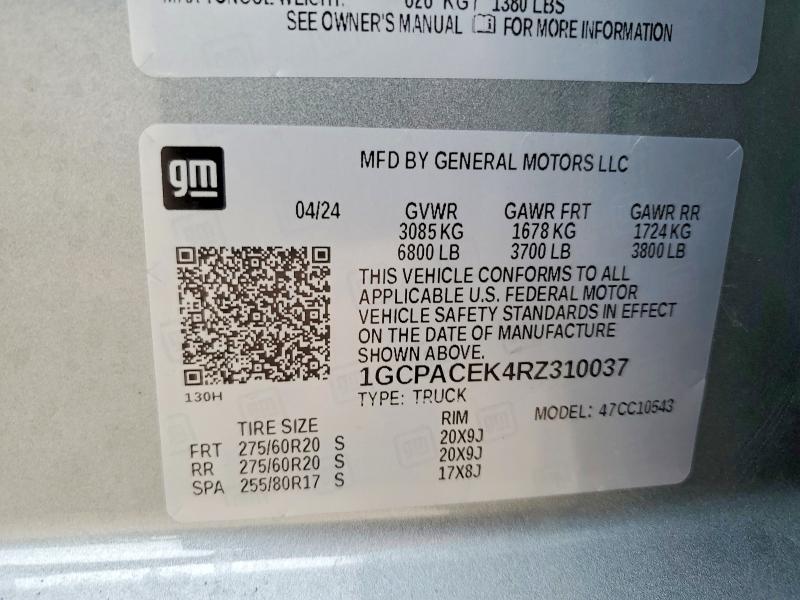 Aukcja sprzedaży 2024 Chevrolet Silverado, vin: 1GCPACEK4RZ310037, numer aukcji: 58264026