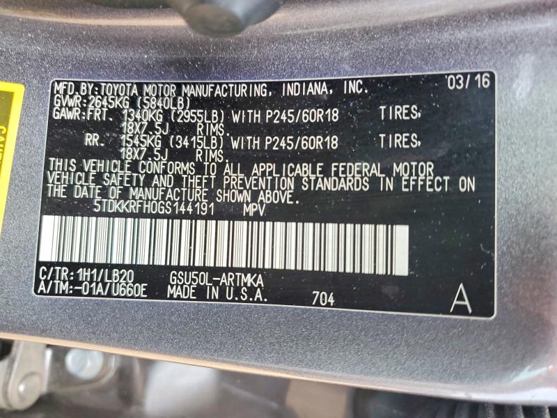 Aukcja sprzedaży 2016 Toyota Highlander, vin: 5TDKKRFH0GS144191, numer aukcji: 55783736