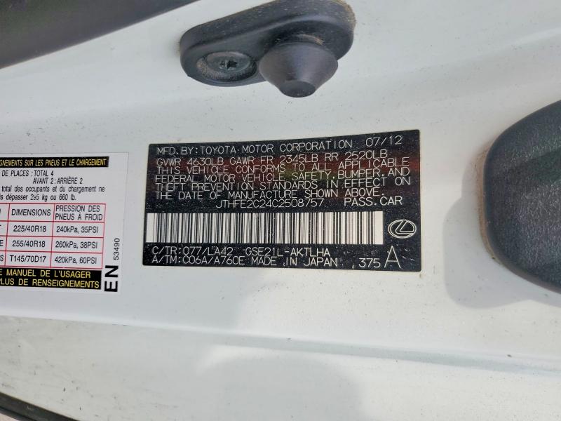 Aukcja sprzedaży 2012 Lexus Is, vin: JTHFE2C24C2508757, numer aukcji: 55063646