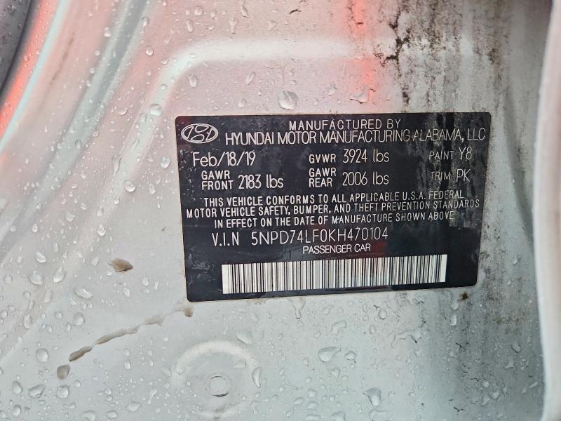 57739456 :رقم المزاد ، 5NPD74LF0KH470104 vin ، 2019 Hyundai Elantra مزاد بيع