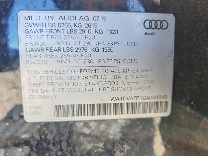 Aukcja sprzedaży 2016 Audi Q5, vin: WA1DVAFP1GA034945, numer aukcji: 57150956