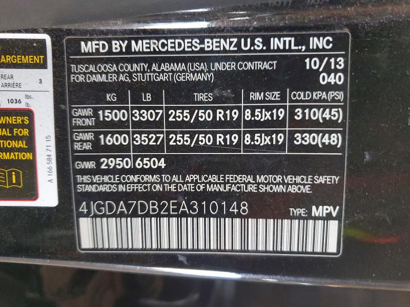 Aukcja sprzedaży 2014 Mercedes-benz Ml, vin: 4JGDA7DB2EA310148, numer aukcji: 56108316