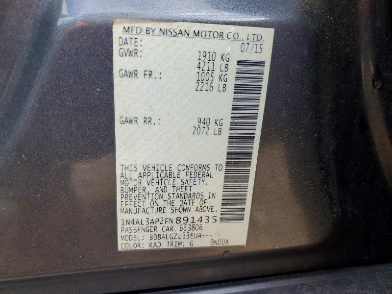 2015 Nissan Altima მანქანა იყიდება აუქციონზე, vin: 1N4AL3AP2FN891435, აუქციონის ნომერი: 57701876