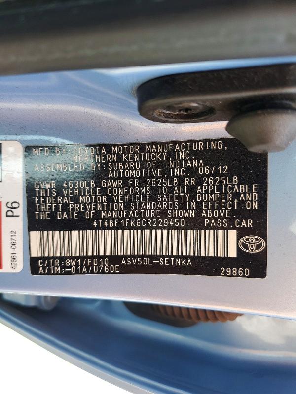 56071996 :رقم المزاد ، 4T4BF1FK6CR229450 vin ، 2012 Toyota Camry مزاد بيع
