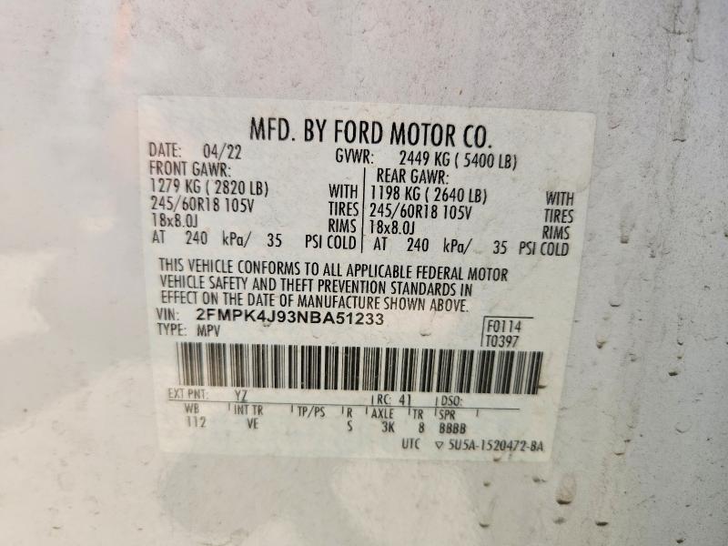 53603576 :رقم المزاد ، 2FMPK4J93NBA51233 vin ، 2022 Ford Edge مزاد بيع