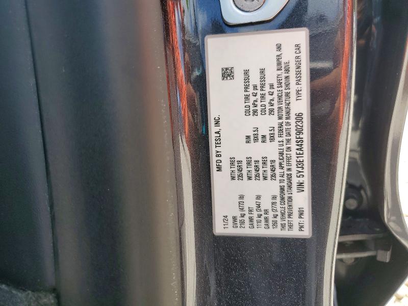 2025 Tesla Model 3 მანქანა იყიდება აუქციონზე, vin: 5YJ3E1EA4SF902306, აუქციონის ნომერი: 58947956