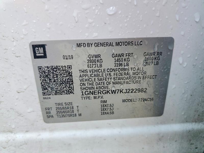 52316486 :رقم المزاد ، 1GNERGKW7KJ222982 vin ، 2019 Chevrolet Traverse مزاد بيع