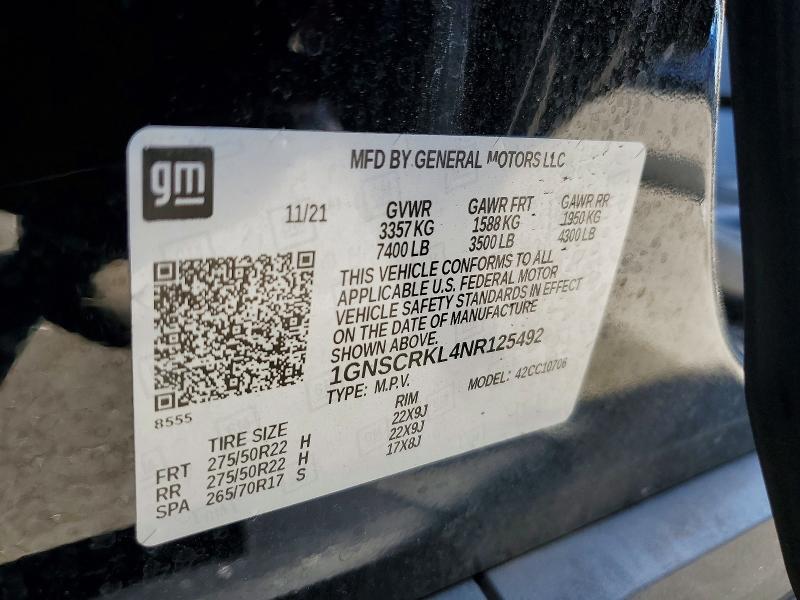 Продаж на аукціоні авто 2022 Chevrolet Tahoe, vin: 1GNSCRKL4NR125492, номер лоту: 58950926