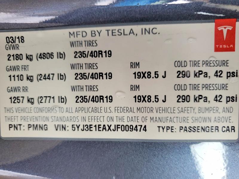 2018 Tesla Model 3 მანქანა იყიდება აუქციონზე, vin: 5YJ3E1EAXJF009474, აუქციონის ნომერი: 55290286