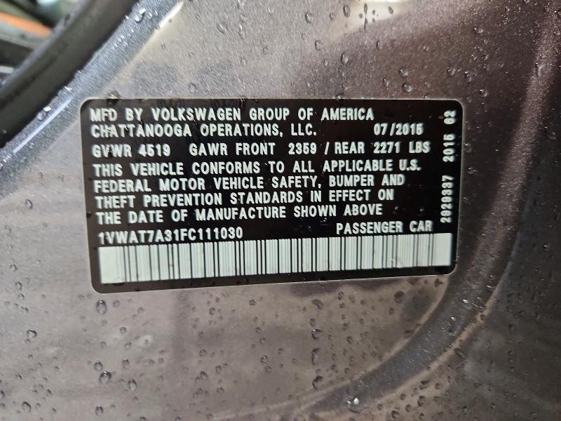 58389186 :رقم المزاد ، 1VWAT7A31FC111030 vin ، 2015 Volkswagen Passat مزاد بيع