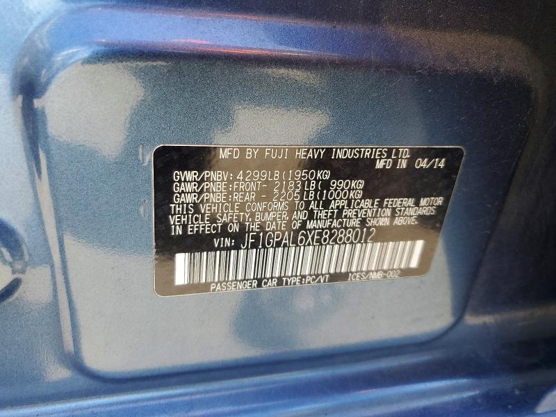 58242186 :رقم المزاد ، JF1GPAL6XE8288012 vin ، 2014 Subaru Impreza مزاد بيع