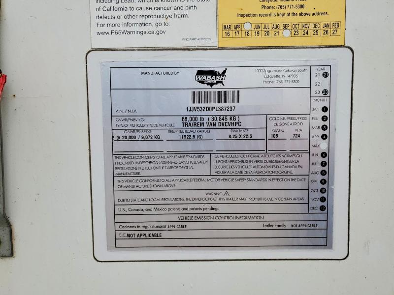 2023 Wabash Dry Freight Trailer მანქანა იყიდება აუქციონზე, vin: 1JJV532D0PL387237, აუქციონის ნომერი: 52165666