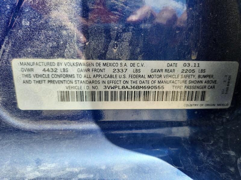 85993045 :رقم المزاد ، 3VWPL8AJ6BM690555 vin ، 2011 Volkswagen Jetta مزاد بيع