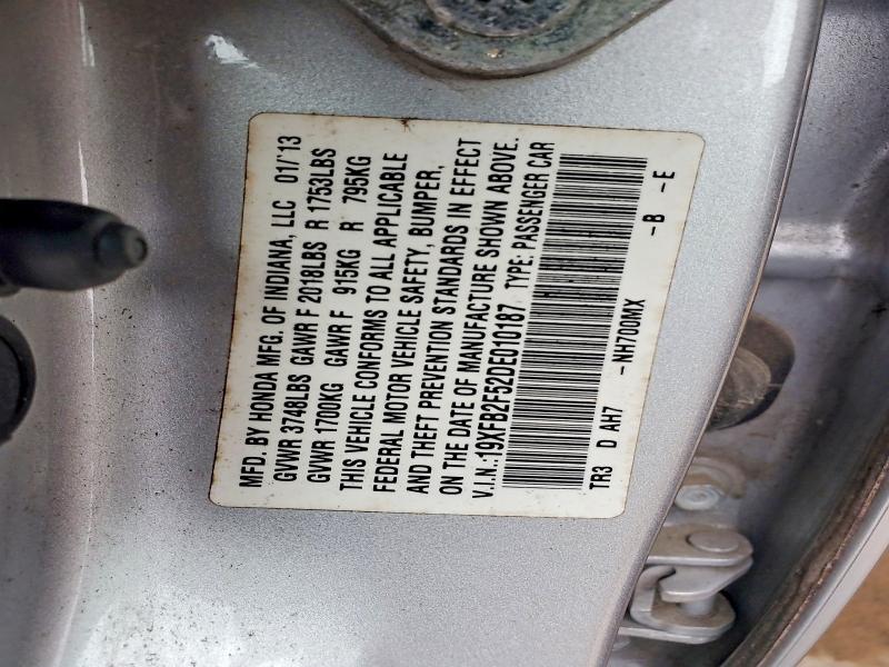 2013 Honda Civic მანქანა იყიდება აუქციონზე, vin: 19XFB2F52DE010187, აუქციონის ნომერი: 57707016