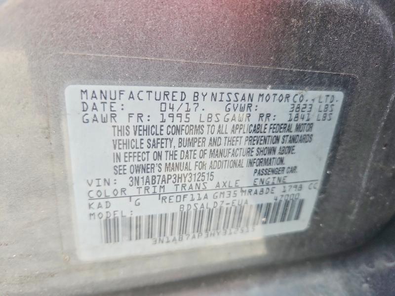 2017 Nissan Sentra მანქანა იყიდება აუქციონზე, vin: 3N1AB7AP3HY312515, აუქციონის ნომერი: 56516776