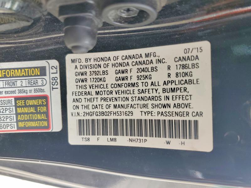 Продаж на аукціоні авто 2015 Honda Civic, vin: 2HGFG3B02FH531629, номер лоту: 57713286