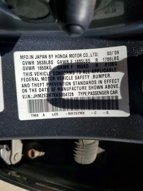 2010 Honda Insight მანქანა იყიდება აუქციონზე, vin: JHMZE2H7XAS004728, აუქციონის ნომერი: 55738576