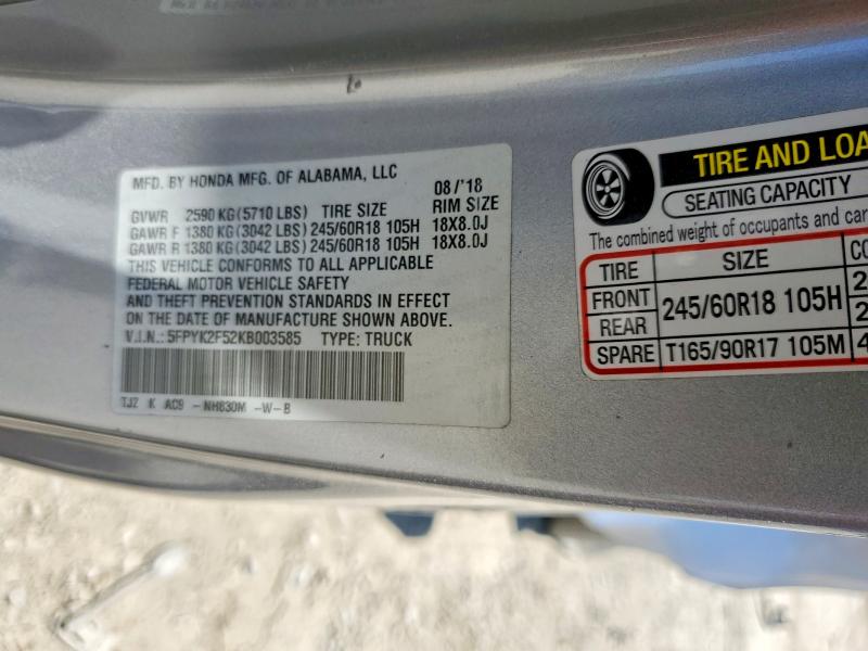 58589296 :رقم المزاد ، 5FPYK2F52KB003585 vin ، 2019 Honda Ridgeline مزاد بيع