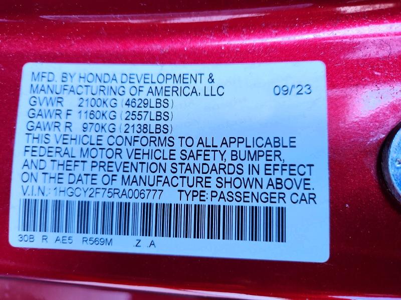 55374726 :رقم المزاد ، 1HGCY2F75RA006777 vin ، 2024 Honda Accord مزاد بيع