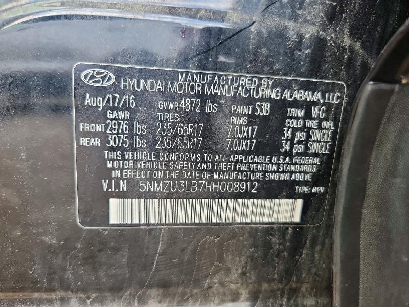 2017 Hyundai Santa Fe Sport მანქანა იყიდება აუქციონზე, vin: 5NMZU3LB7HH008912, აუქციონის ნომერი: 56892646