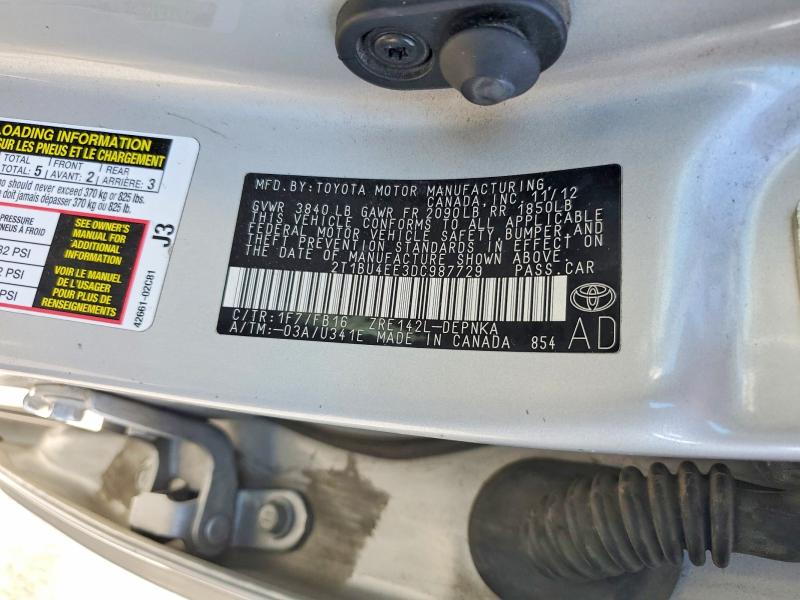2013 Toyota Corolla მანქანა იყიდება აუქციონზე, vin: 2T1BU4EE3DC987729, აუქციონის ნომერი: 57546366