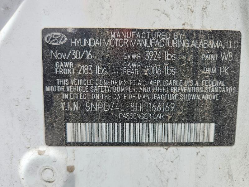 56858086 :رقم المزاد ، 5NPD74LF8HH166169 vin ، 2017 Hyundai Elantra مزاد بيع