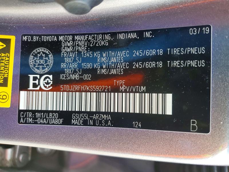 Продажа на аукционе авто 2019 Toyota Highlander, vin: 5TDJZRFH7KS592721, номер лота: 57809086