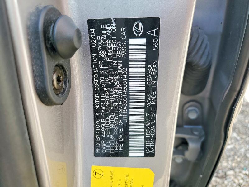 Продаж на аукціоні авто 2004 Lexus Es, vin: JTHBA30G145031432, номер лоту: 58414656