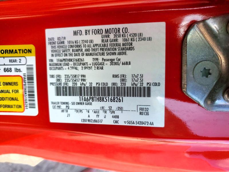 2019 Ford Mustang მანქანა იყიდება აუქციონზე, vin: 1FA6P8TH8K5168261, აუქციონის ნომერი: 58980476