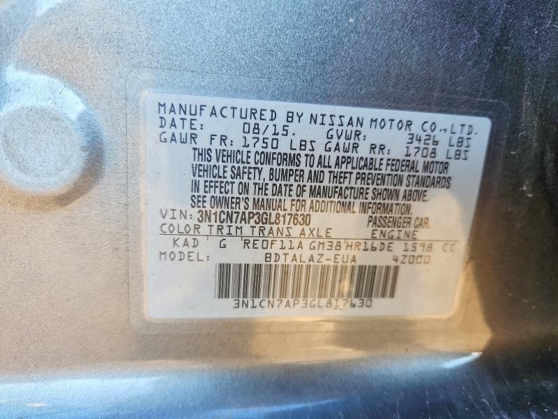 2016 Nissan Versa მანქანა იყიდება აუქციონზე, vin: 3N1CN7AP3GL817630, აუქციონის ნომერი: 57824696