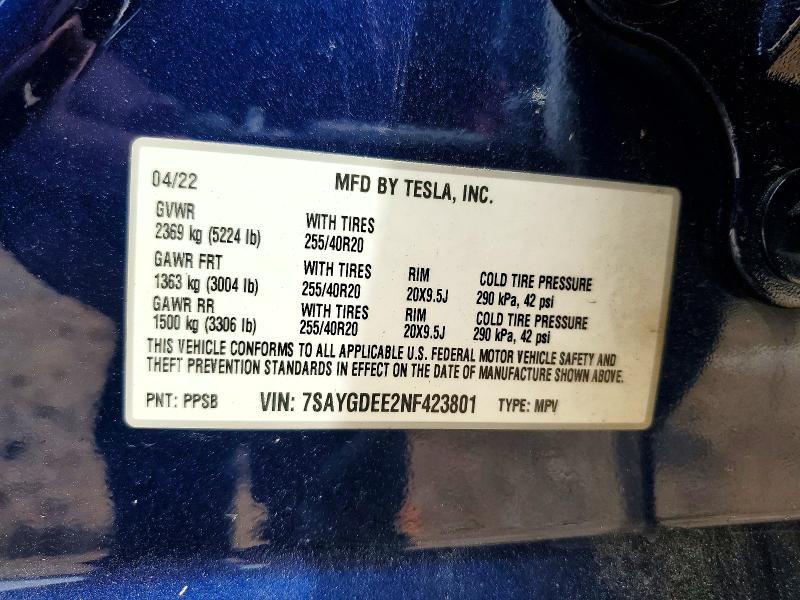 Продажа на аукционе авто 2022 Tesla Model Y, vin: 7SAYGDEE2NF423801, номер лота: 57767476