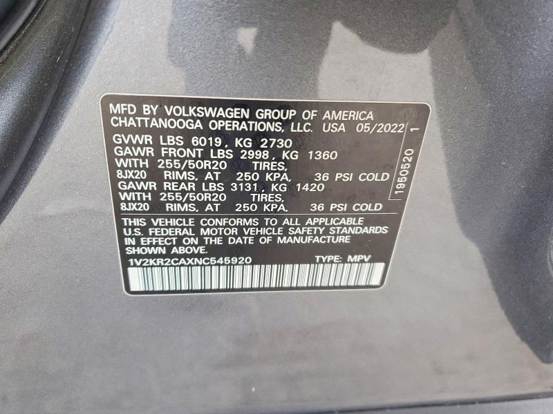 56811016 :رقم المزاد ، 1V2KR2CAXNC545920 vin ، 2022 Volkswagen Atlas مزاد بيع