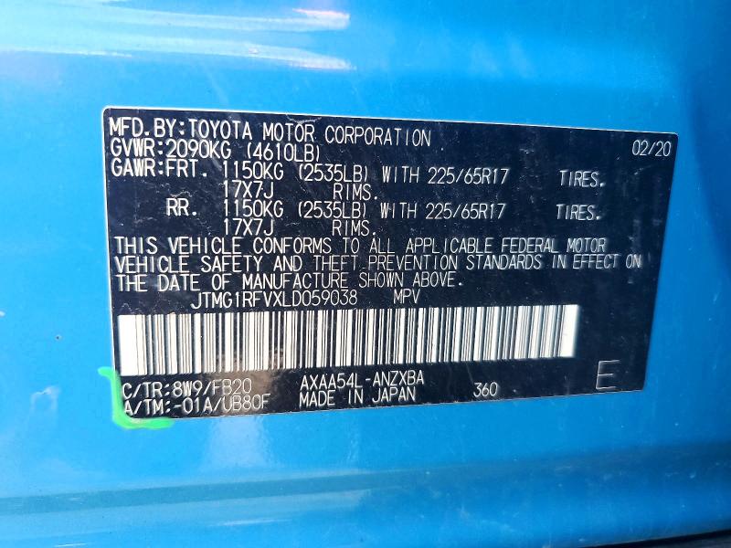 Aukcja sprzedaży 2020 Toyota Rav4, vin: JTMG1RFVXLD059038, numer aukcji: 55347886