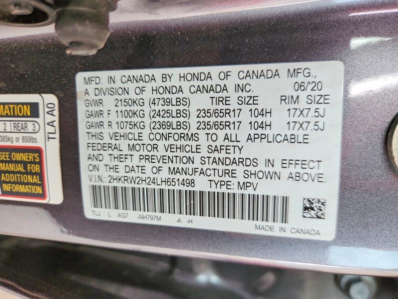 57901806 :رقم المزاد ، 2HKRW2H24LH651498 vin ، 2020 Honda Cr-v مزاد بيع